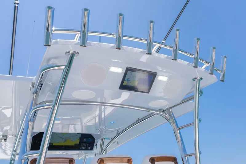  Yacht Photos Pics 2026 Mag Bay 43 Center Console helm with advanced navigation display and rod holders.