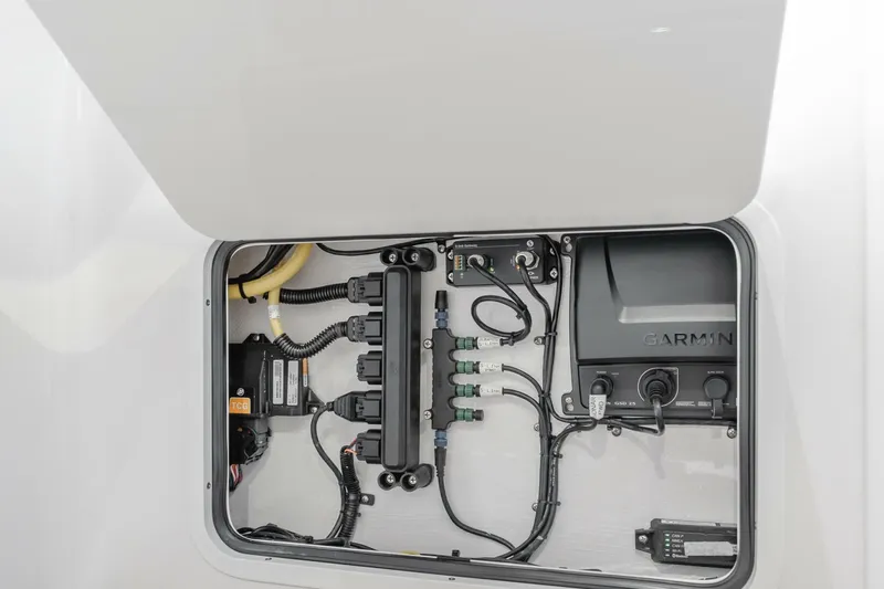  Yacht Photos Pics Electrical panel of 2026 Mag Bay 43 Center Console with Garmin equipment.