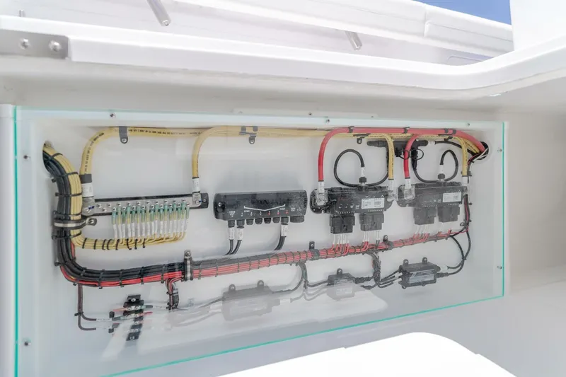  Yacht Photos Pics Electrical wiring panel on 2026 Mag Bay 43 Center Console boat.