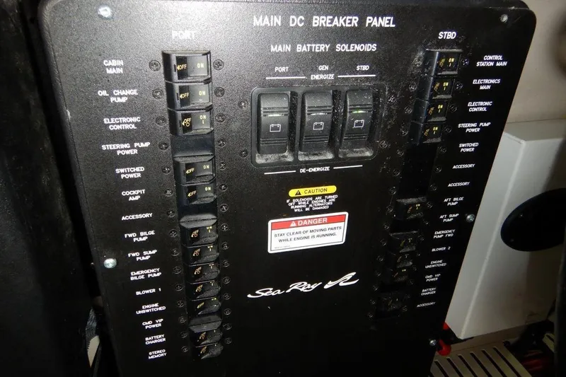  Yacht Photos Pics Main DC breaker panel of 2008 Sea Ray 40 Sundancer boat, featuring various switches and controls.