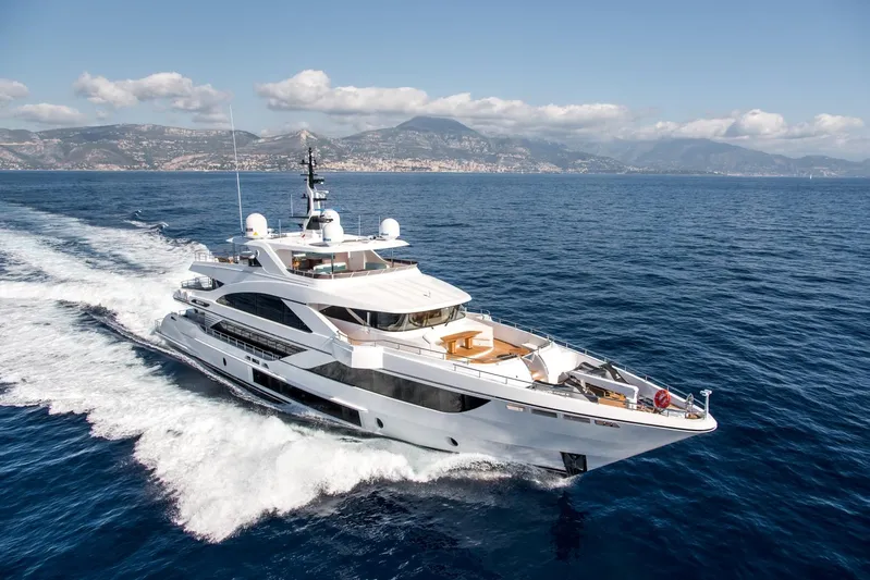 Checked Out Yacht Photos Pics Luxury Majesty 140 yacht cruising on open sea, 2020 model.