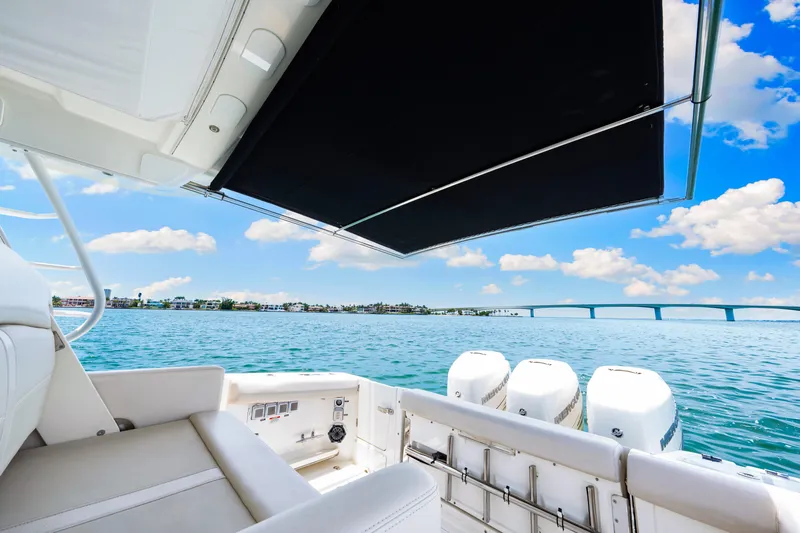 Our Trade Yacht Photos Pics 2019 Boston Whaler 350 Realm Cockpit and Sunshade