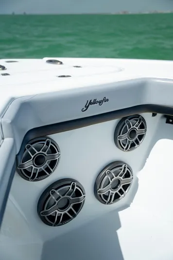  Yacht Photos Pics 2022 Yellowfin 39 boat speakers with ocean backdrop.
