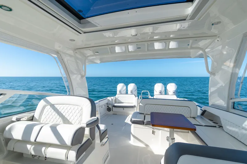  Yacht Photos Pics Luxurious interior of 2024 World Cat 400 DC-X boat with ocean view.