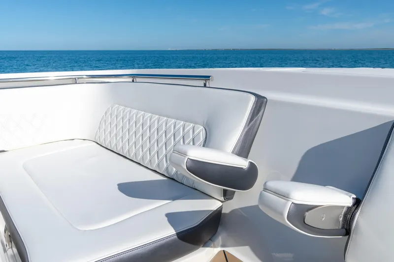  Yacht Photos Pics Luxurious seating on 2024 World Cat 400 DC-X boat with ocean view.