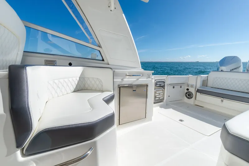  Yacht Photos Pics Luxurious interior of 2024 World Cat 400 DC-X boat with ocean view.