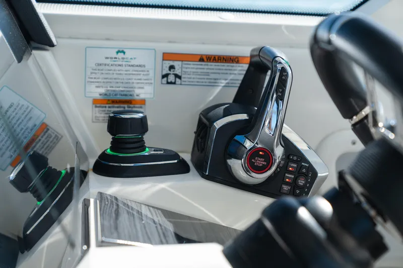  Yacht Photos Pics 2024 World Cat 400 DC-X control panel with joystick and throttle.