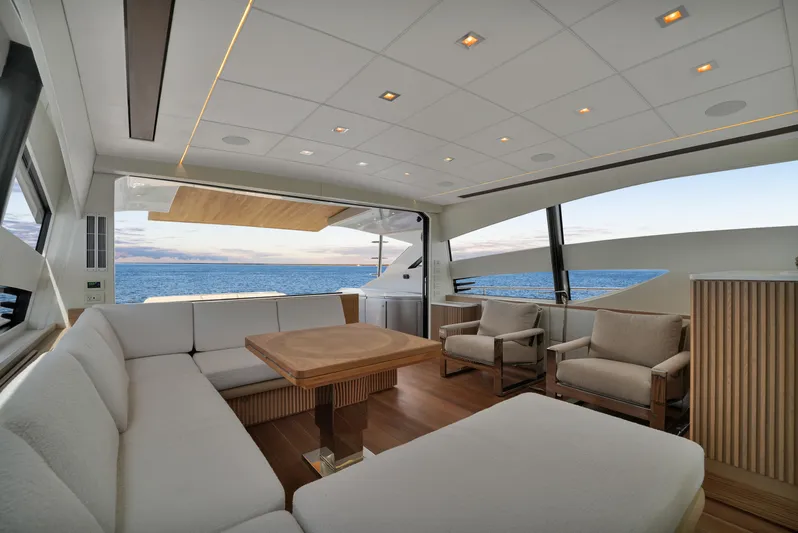  Yacht Photos Pics Luxurious interior of a 2009 Pershing 72 yacht with ocean view.