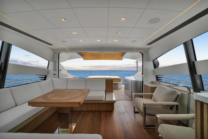  Yacht Photos Pics Luxurious interior of a 2009 Pershing 72 yacht with ocean view.