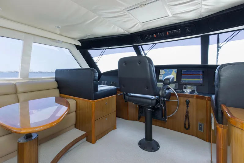 Reel Blues Yacht Photos Pics 2007 Viking 64 Enclosed Bridge yacht interior with helm, seating, and navigation equipment.