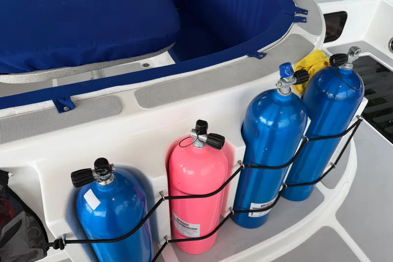 Calacoto Yacht Photos Pics Scuba tanks secured on a 2023 Royal Cape Catamarans Majestic 530 deck.