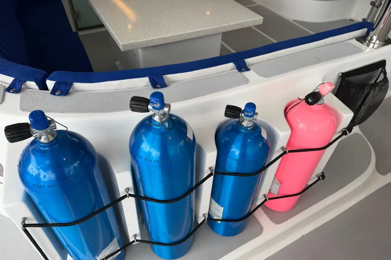 Calacoto Yacht Photos Pics Diving tanks on a 2023 Royal Cape Catamarans Majestic 530, featuring blue and pink cylinders.