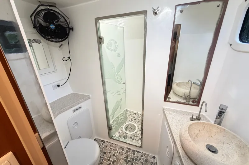 Calacoto Yacht Photos Pics Modern bathroom in 2023 Royal Cape Catamarans Majestic 530, featuring shower, sink, and toilet.