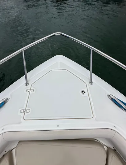  Yacht Photos Pics Bow of a 2015 Boston Whaler 420 Outrage on calm water.