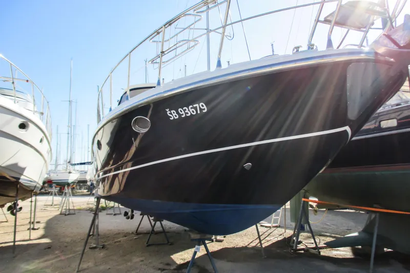 Manon Yacht Photos Pics 2008 Mano Marine 38.50 boat on stands in a sunny marina.