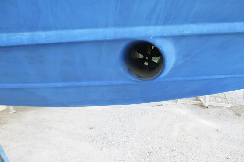 Manon Yacht Photos Pics Blue hull of 2008 Mano Marine 38.50 boat with visible thruster.