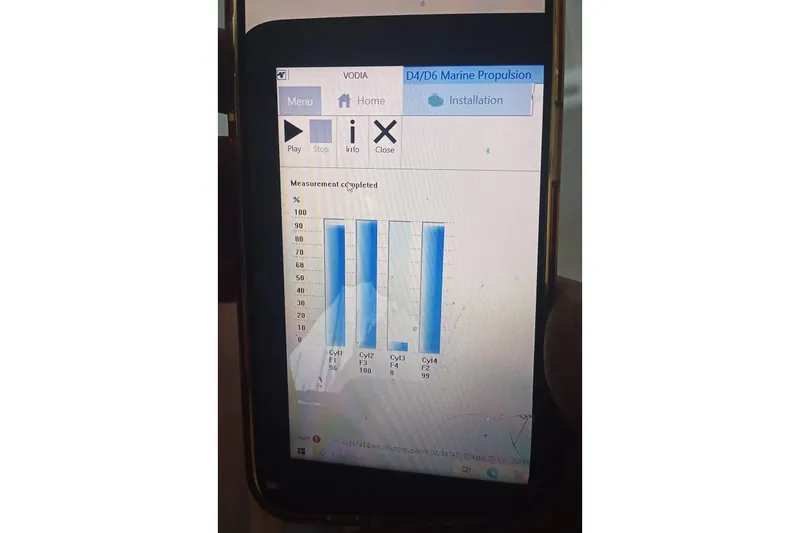 Manon Yacht Photos Pics Mobile screen displaying marine propulsion diagnostics for Mano Marine 38.50, 2008 model.
