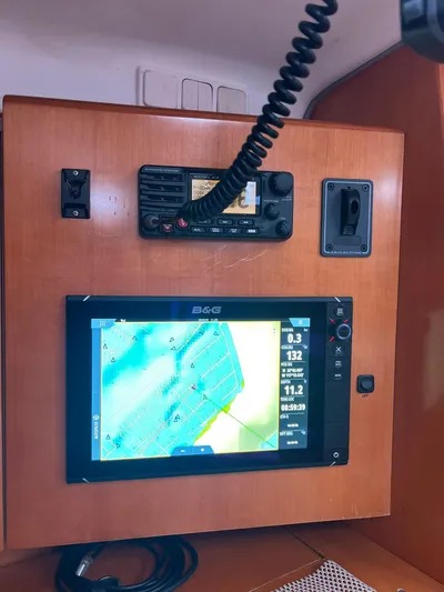 Pacifico Yacht Photos Pics Navigation equipment on a 2005 Beneteau First 44.7 sailboat, featuring a B&G display.