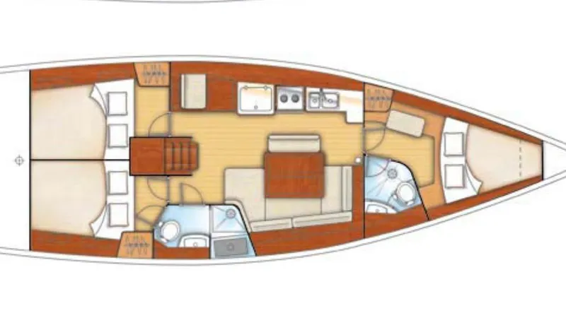 1702 Yacht Photos Pics Floor plan of a 2010 Beneteau Oceanis 43 sailboat, featuring cabins, bathrooms, and a central living area.