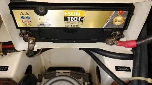 1702 Yacht Photos Pics Battery compartment of a 2010 Beneteau Oceanis 43 sailboat with Sun Tech battery.