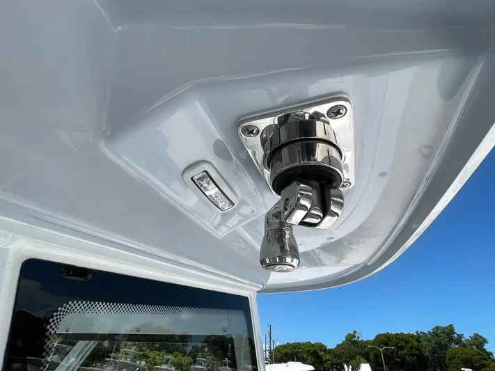Whisper Gray Yacht Photos Pics 2025 Everglades 315 Center Console boat detail, featuring a stainless steel fitting.