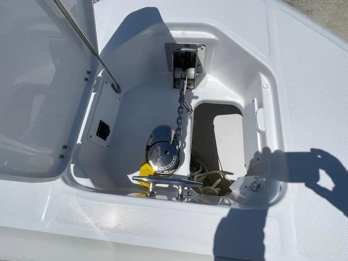 Whisper Gray Yacht Photos Pics Anchor compartment of 2025 Everglades 315 Center Console boat with chain and rope.