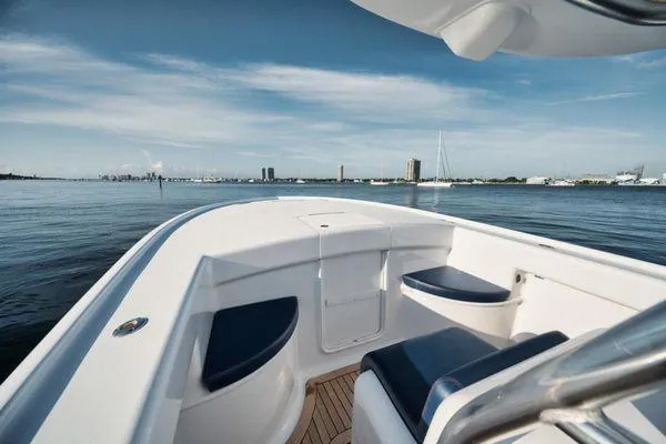 Candy Ride Yacht Photos Pics 2011 Winter Custom Yachts 29 boat on calm water with city skyline in background.