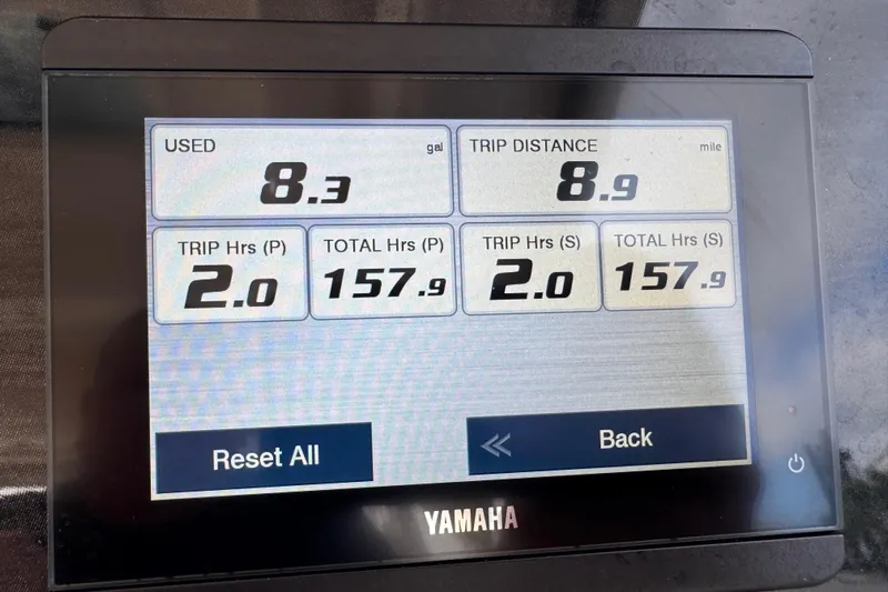 Texas Crewed Yacht Photos Pics Yamaha display showing trip data: 8.3 gallons used, 8.9 miles distance on Grady-White Freedom 335.