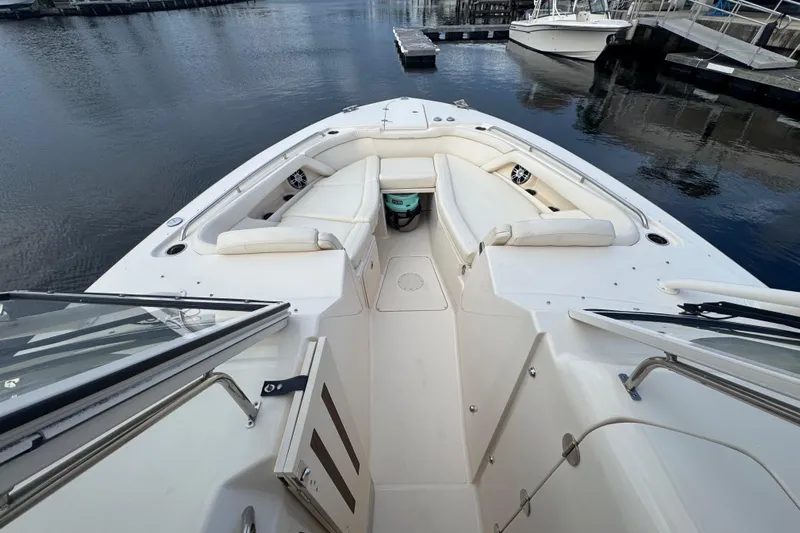 Texas Crewed Yacht Photos Pics 2024 Grady-White Freedom 335 boat interior with spacious seating and sleek design.