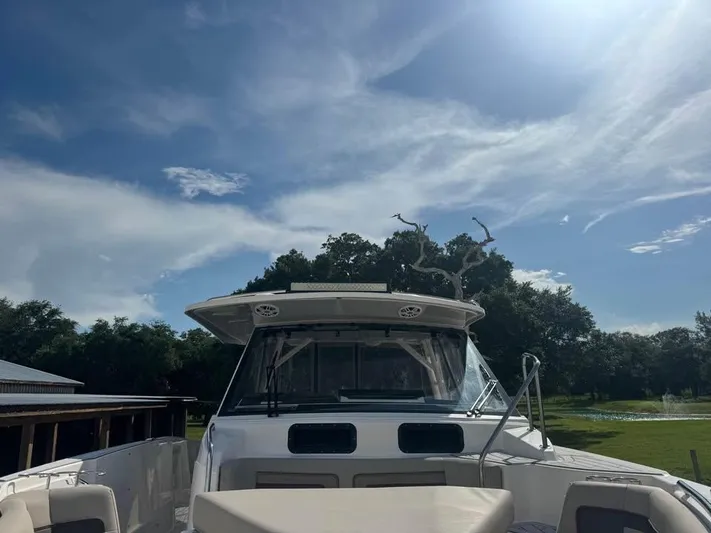  Yacht Photos Pics 2023 Solara S-310 CW boat under a clear blue sky with lush greenery.