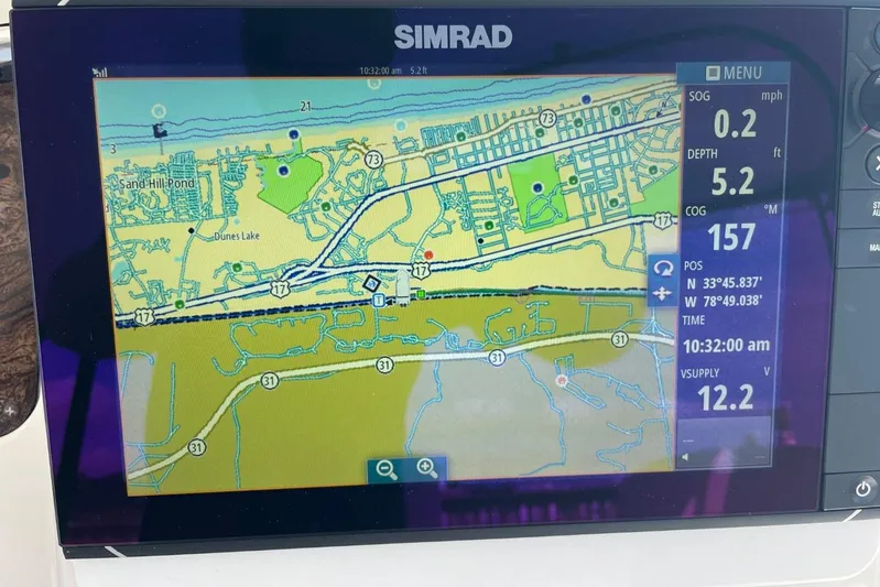 Double Kickback IV Yacht Photos Pics Simrad navigation display on 1998 Sea Ray 480 Sedan Bridge, showing map and coordinates.