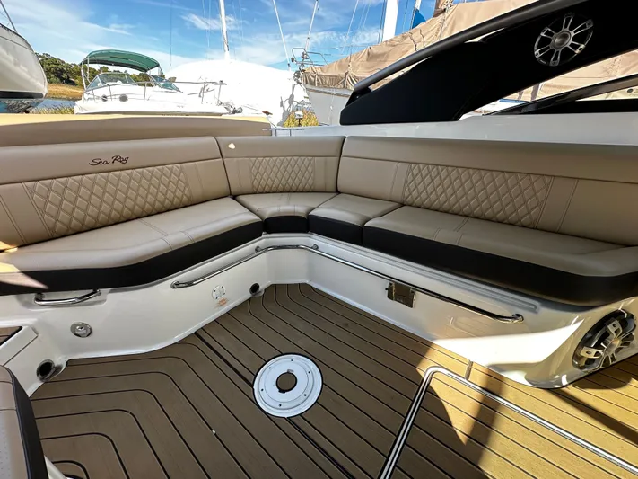  Yacht Photos Pics Luxurious seating on 2023 Sea Ray 280 SLX boat with elegant design and spacious layout.
