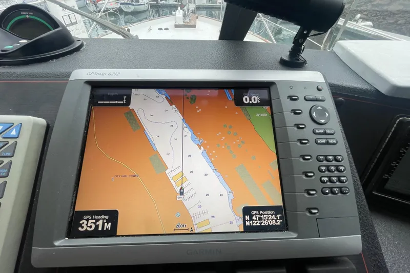  Yacht Photos Pics Garmin GPS display on 1989 Bayliner Pilothouse 4588, showing nautical navigation map.