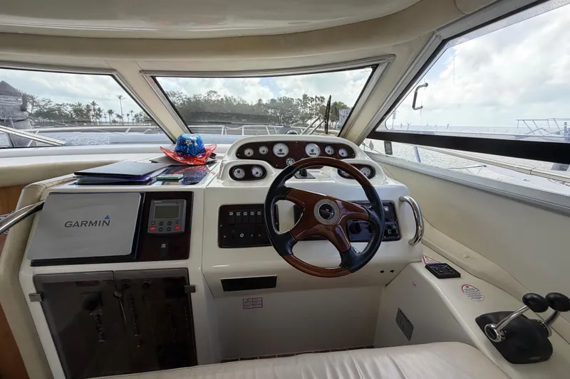  Yacht Photos Pics Helm of 2007 Cranchi Atlantique 40 yacht with Garmin navigation system.