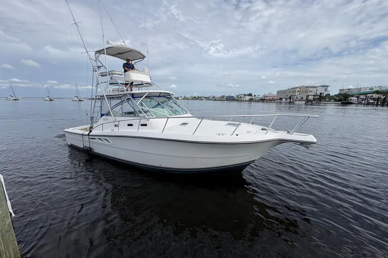 Free 2 Go Yacht Photos Pics 2006 Rampage 38 Express boat on calm water, with a person on the upper deck.