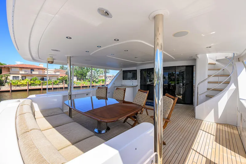 Remy Roo Yacht Photos Pics Luxurious 2014 Westport 112 yacht deck with elegant seating and dining area.