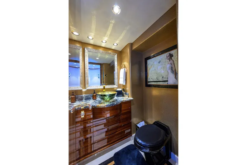 Remy Roo Yacht Photos Pics Luxurious bathroom on 2014 Westport 112 yacht with elegant decor and modern fixtures.