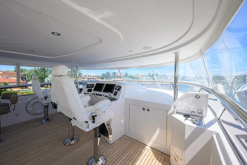Remy Roo Yacht Photos Pics Luxurious 2014 Westport 112 yacht helm with modern controls and panoramic views.