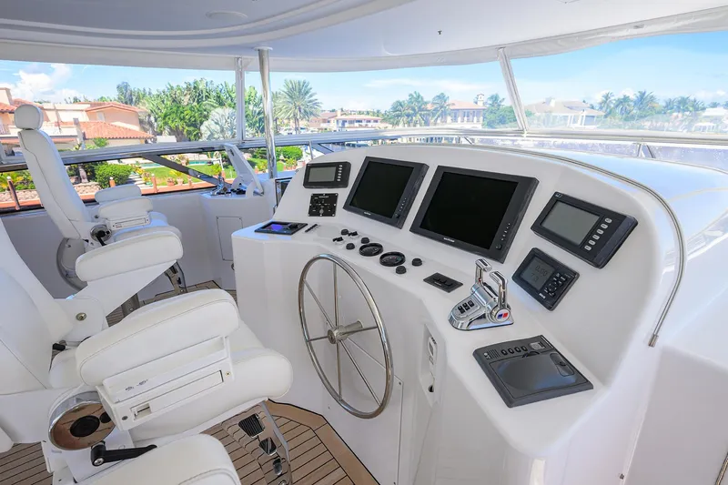 Remy Roo Yacht Photos Pics Luxurious 2014 Westport 112 yacht helm with modern navigation equipment and plush seating.