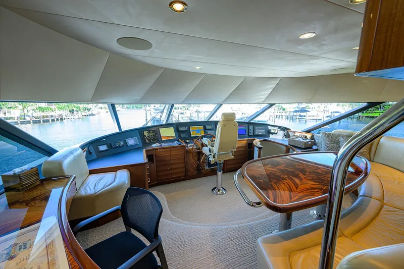 Remy Roo Yacht Photos Pics Luxurious 2014 Westport 112 yacht interior with helm, seating, and panoramic windows.