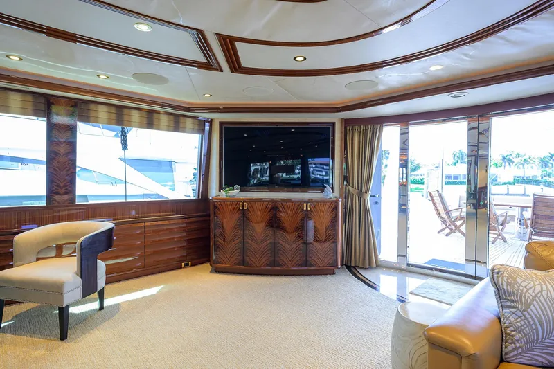 Remy Roo Yacht Photos Pics Luxurious interior of 2014 Westport 112 yacht with elegant furnishings and large windows.