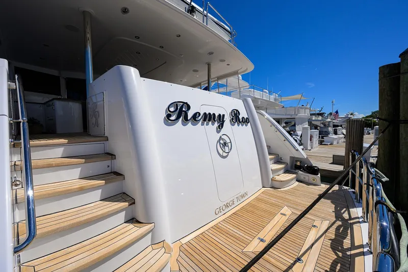 Remy Roo Yacht Photos Pics Luxury yacht "Remy Roo" docked, Westport 112 model, 2014, with elegant wooden steps.