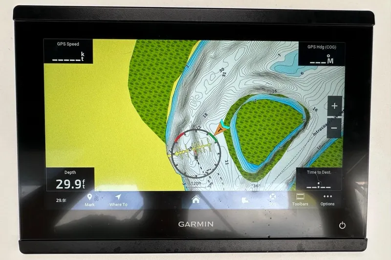 Free Range Yacht Photos Pics Garmin marine GPS display showing navigation map and depth for Hunter 44, 2005 model.