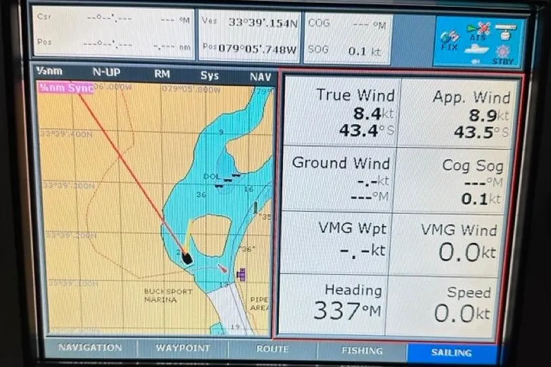 Free Range Yacht Photos Pics Navigation display on a 2005 Hunter 44 sailboat showing wind and heading data.