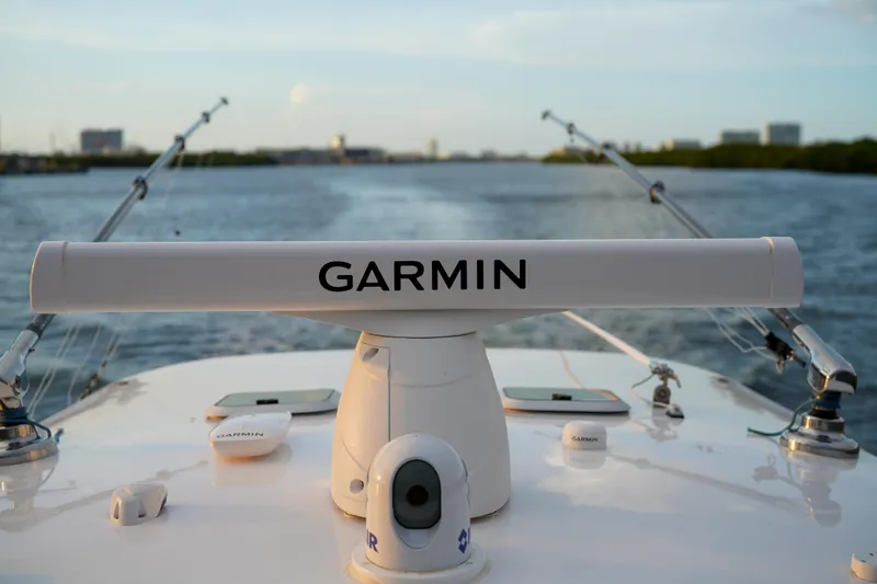  Yacht Photos Pics 2022 Insetta 35IFC boat with Garmin radar on calm waters.