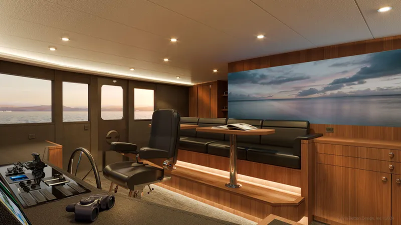 Discovery 127 Yacht Photos Pics Luxurious interior of 2027 Cheoy Lee 127 Discovery yacht with modern seating and panoramic views.