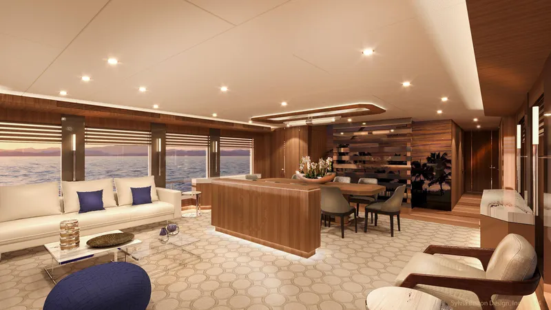 Discovery 127 Yacht Photos Pics Luxurious interior of 2027 Cheoy Lee 127 Discovery yacht with elegant furnishings and ocean view.