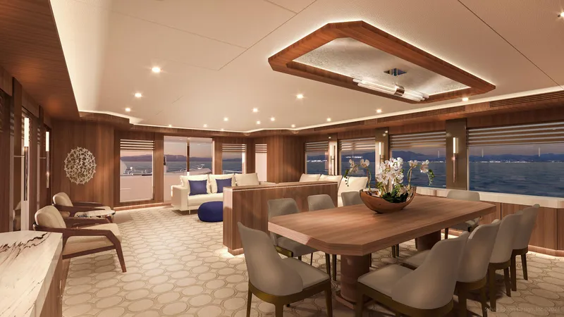 Discovery 127 Yacht Photos Pics Luxurious interior of 2027 Cheoy Lee 127 Discovery yacht with elegant dining area.