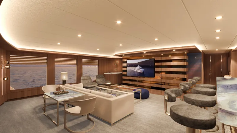 Discovery 127 Yacht Photos Pics Luxurious interior of 2027 Cheoy Lee 127 Discovery yacht with modern seating and large screen.