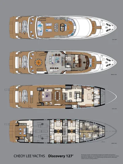Discovery 127 Yacht Photos Pics 2027 Cheoy Lee 127 Discovery yacht floor plan, showcasing luxurious multi-level design and amenities.